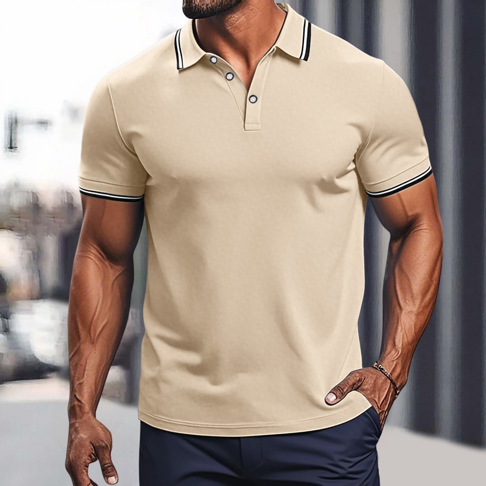thumbnail image 2 of Camisa de manga corta con solapa para hombre: corte holgado informal, poliéster transpirable, ideal para fiestas de verano y uso diario., 2 of 6